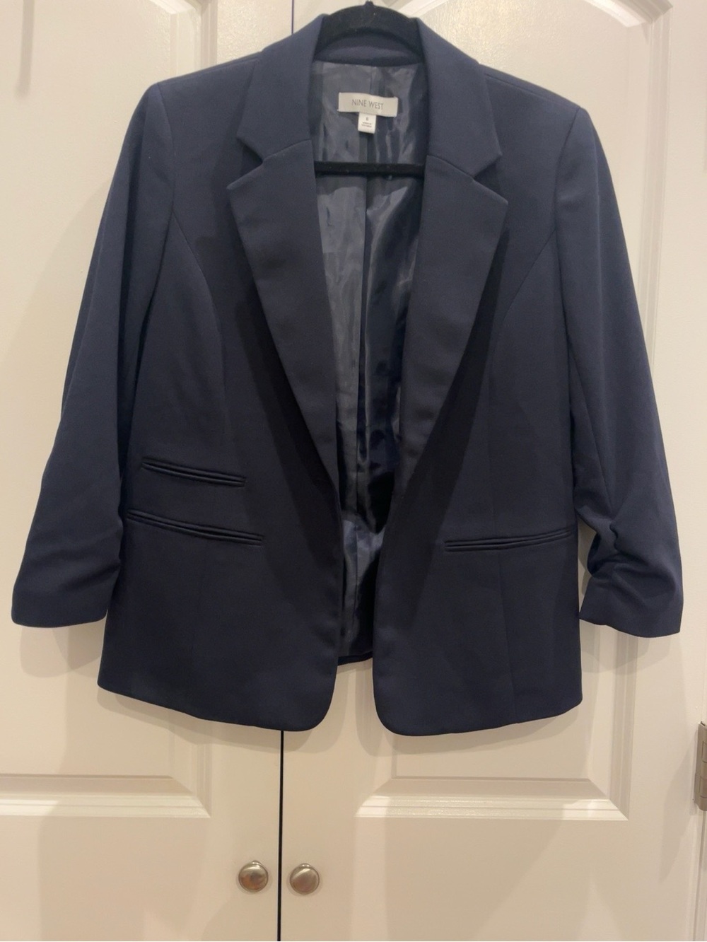Nine West Navy Single Button Ruched Sleeve Blazer Size 6
